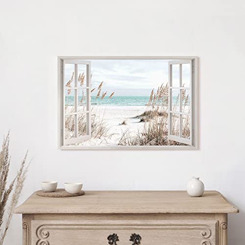 Beach Window Canvas Wall Art: Living Room Blue Ocean Scene Painting Coastal Seascape Picture Bedroom Modern Relaxing Sea Landscape Print Tropical Seaside Artwork Decor for Home Office - Image 4