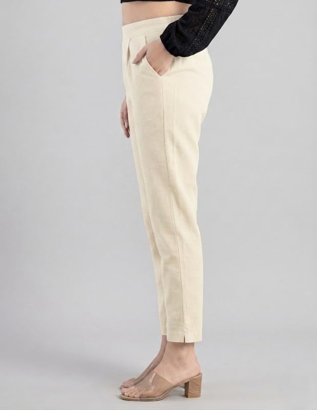 Image of Solid Cotton Woman Trousers Pants Regular Fit Kurti Pant with Drawstring Daily Office Formal Casual Use