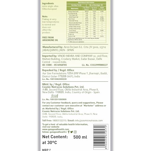 Image of GAIA Extra Virgin Olive Oil,500Ml Bottle|Heart Healthy Superfood,Natural&Cold Extracted Olive Oil Ideal For Drizzling On Salads&Sauteed Vegetables Packed With Anti-Aging Benefits&Improved Digestion