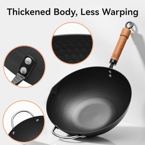 WANGYUANJI Carbon Steel Wok Pan, 12.6 Inch Flat Bottom Stir Fry Pan with Lid, Uncoated Heavy Duty Iron Wok for Induction and Gas Stoves — view 5