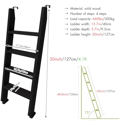 Image of 50 inch 55 inch 60 inch Black Wood Bunk Bed Ladder, Lofted /Dorm /RV Bed Bunkbed Ladders with 4in Extra Wide Steps and Non-Slip Pads, Replacement Wooden Ladder for Motorhome /Camping (Black, 50in /127cm)