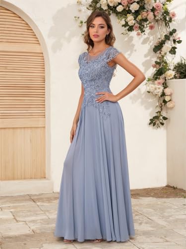 Mother of The Bride Dresses Chiffon Lace Applique Short Sleeve Mother of The Groom Dress Long Formal Dress with Pocket3
