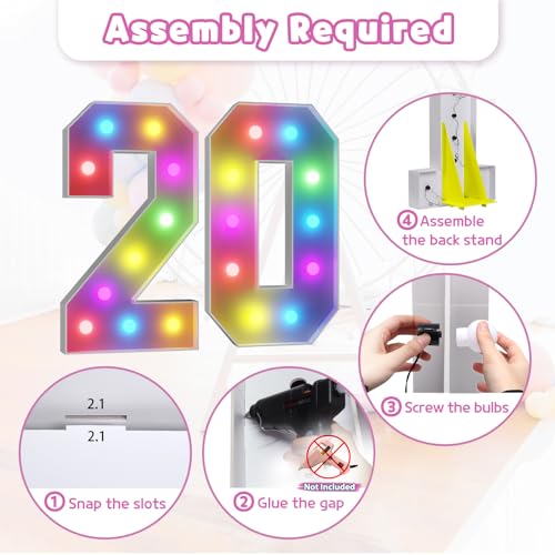 Image of Colorful 4FT Marquee Numbers Light up Numbers 20 Birthday Decoration | RGB with Remote, Party Decorations Anniversary Wedding Decorations Assembly Required Foam Board 40 Pcs Accessory Set