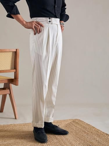 Men's Striped Dress Pants Slacks Slim Fit Business Work Suit Gurkha Flat Front Trousers4