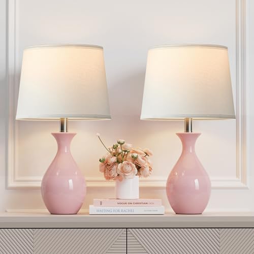 PARTPHONER Table Lamp Set of 2 Modern Ceramic Bedside Lamps for Night Stands Classic Small Lamp Nightstand Lamp for Bedroom Living Room Desk End Table Rocker Swtich Pink