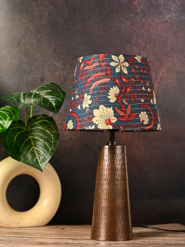 Image of Green Girgit Copper Etched V-Shaped Lamp with Taper Muticolor Blue Shade | Galvanized Iron Bedside Night & Reading Table Lamp | Metal Handcrafted Lamp | Living Room & Home Decor Item