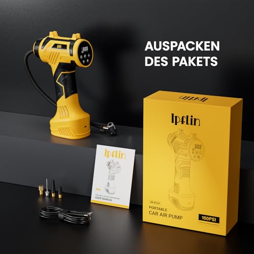 Ipflin Elektrische Auto Luftpumpe Akku Fahrradpumpe - Tragbare Luftpumpe Fahrrad 150PSI - 22L/min Akku Kompressor mit LED-Anzeige/Licht - 4 Voreingestellte Modi für Auto/Fahrrad/Motorrad/Ball