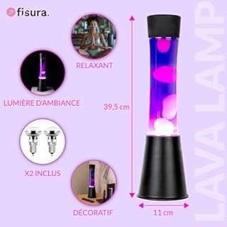 fisura. - Lampe à lave violette. Base noire, liquide violet et lave blanche. Lampe ambiance à effet relaxant. Avec ampoule de rechange. 11 cm x 11cm x 39,5 cm.