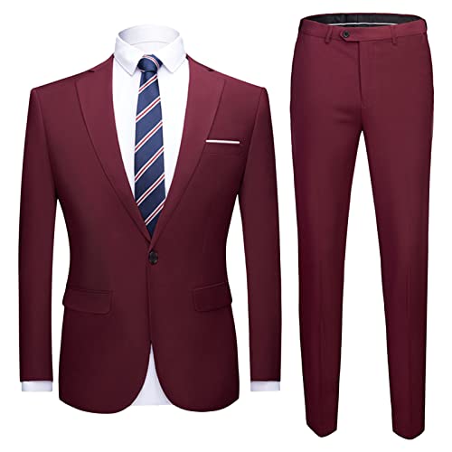Men's One Button 2 Piece Suits Solid Formal Wedding Tux Blazer & Pants Casual Daily Party Dress Suit Jacket Set (Red Wine,Small)
