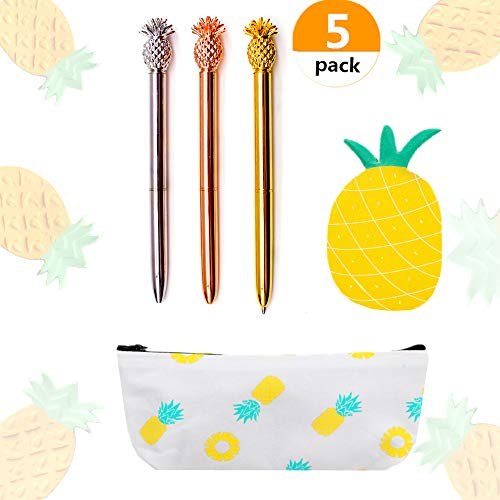 JeVenis Set of 5 Pineapple Pens Ballpoint Pens with Pineapple Pencil Pouch Bags