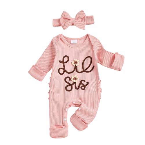 Rtnnsbbfcm Baby Girl Clothes Little Sister Outfits Ribbed Knit Long Sleeve Romper Jumpsuit Newborn Coming Home Clothing (Pink Lil Sis, 0-3 Months)