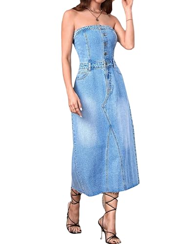 Women's Strapless Tube Denim Dress Sleeveless Split Hem Sexy Bodycon Denim Midi Dress