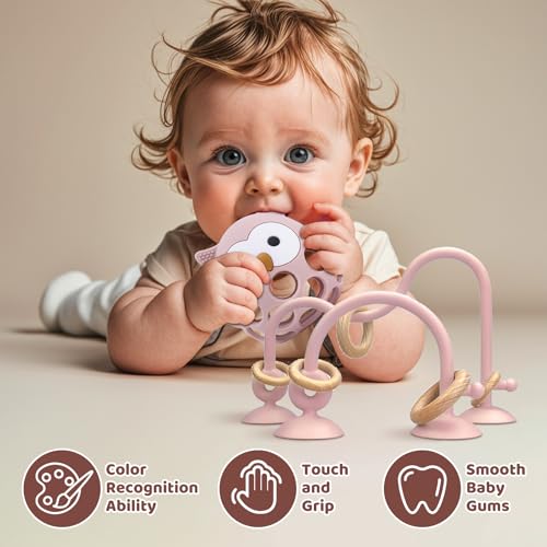 Image of Baby High Chair Suction Toys Teething Chew - Baby Teething Table Toys Silicone Teethers, Food Grade Silicon for 6 12 18 Months (Pink)