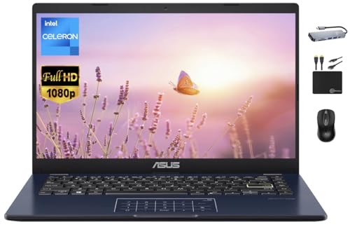 ASUS Vivobook Ultrathin Go Laptop 2024Newest, 14'' FHD Display, Dual-Core Intel Celeron N4500 (Upto 2.80GHz), 4GB RAM, 128GB (64GB eMMC+64GB SD), Webcam, Long Battery, Windows 11S +MarxsolAccessory