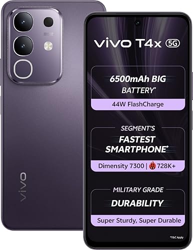 Image of vivo T4x 5G (Pronto Purple, 8GB RAM, 256GB Storage) | 6.72 inch FHD+ 120Hz LCD Display | Dimensity 7300 (4nm) Processor | 50MP+2MP Camera | 6500mAh, 44W FlashCharge | IP64 | Wi-Fi 6, BT 5.4 | IR Blaster