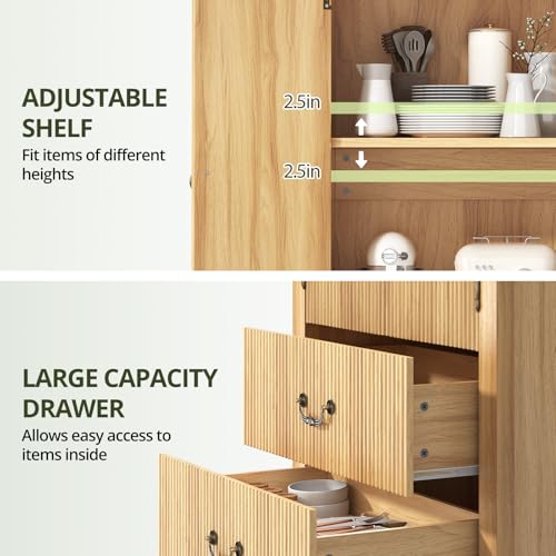 Image of FURSUN 71 inch Tall Fluted Arched Cabinet Set of 2, Wood Pantry Storage Cabinet with 2 Large Drawers, Modern Versatile Bookcase for Living Room, Kitchen, Dining, Natural Oak