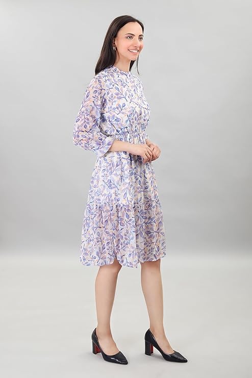 Image of A-Line Floral Printed Fit & Flared Western Brown Dress for Women | One Piece Midi Dress for Women Stylish Western Printed Dresses