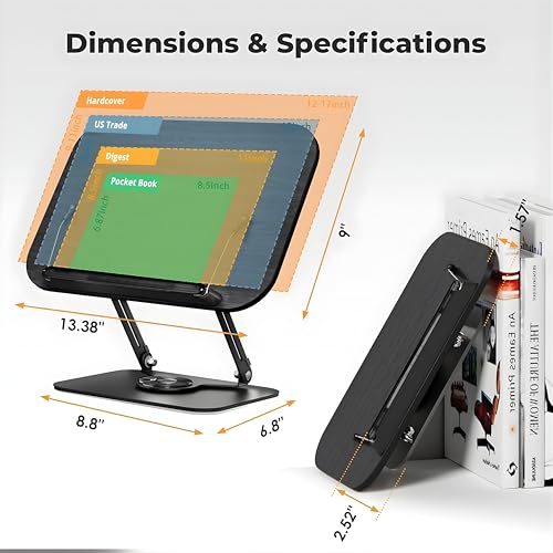 Image of Sunchhaya Book Stand for Reading - Adjustable Wooden Book Holder with 360 Rotating Base, Foldable Reading Rest for Desk, Cookbook Stand, Tablet & Laptop Holder, Height & Angle Adjustable (R51 Black)