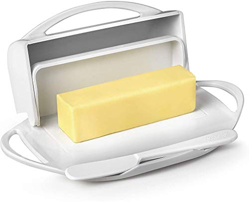 Image of Butterie Flip-Top Butter Dish with Lid & Matching Knife, Holds 2 Sticks /European Butter, No-Mess Butter Holder, Shatterproof, Dishwasher Safe, White (White)