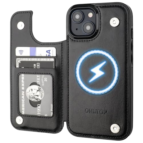 ONETOP Compatible with Magsafe for iPhone 15 Wallet Case with Card Holder, PU Leather Kickstand RFID Blocking Case, Double Magnetic Clasp and Durable Shockproof Cover 6.1 Inch (Black)
