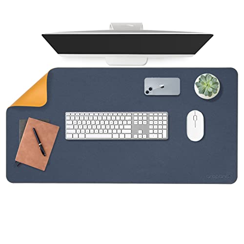 Image of AROPANA Vegan Leather Desk Mat | Large Reversible Mouse Pad & Computer Table Protector | Dual-Side Waterproof Extended Laptop Pad with Edge-Stitched Design (90x45CM, Navy Blue and Yellow)