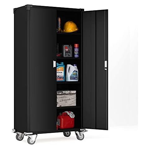 Aobabo Metal Garage Storage Cabinet on Wheels,Steel Garage Cabinets with 2 Doors and 4 Adjustable Shelves,Locking Storage Cabinet,Black,Assembly Required Cover