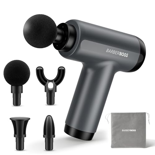 BarberBoss Mini Massage Gun with Pressure Sensor 5 Intensity Levels Massager Portable Handheld Muscle Massager with 4 Interchangeable Heads Storage Pouch Compact Body Massager QR-3603