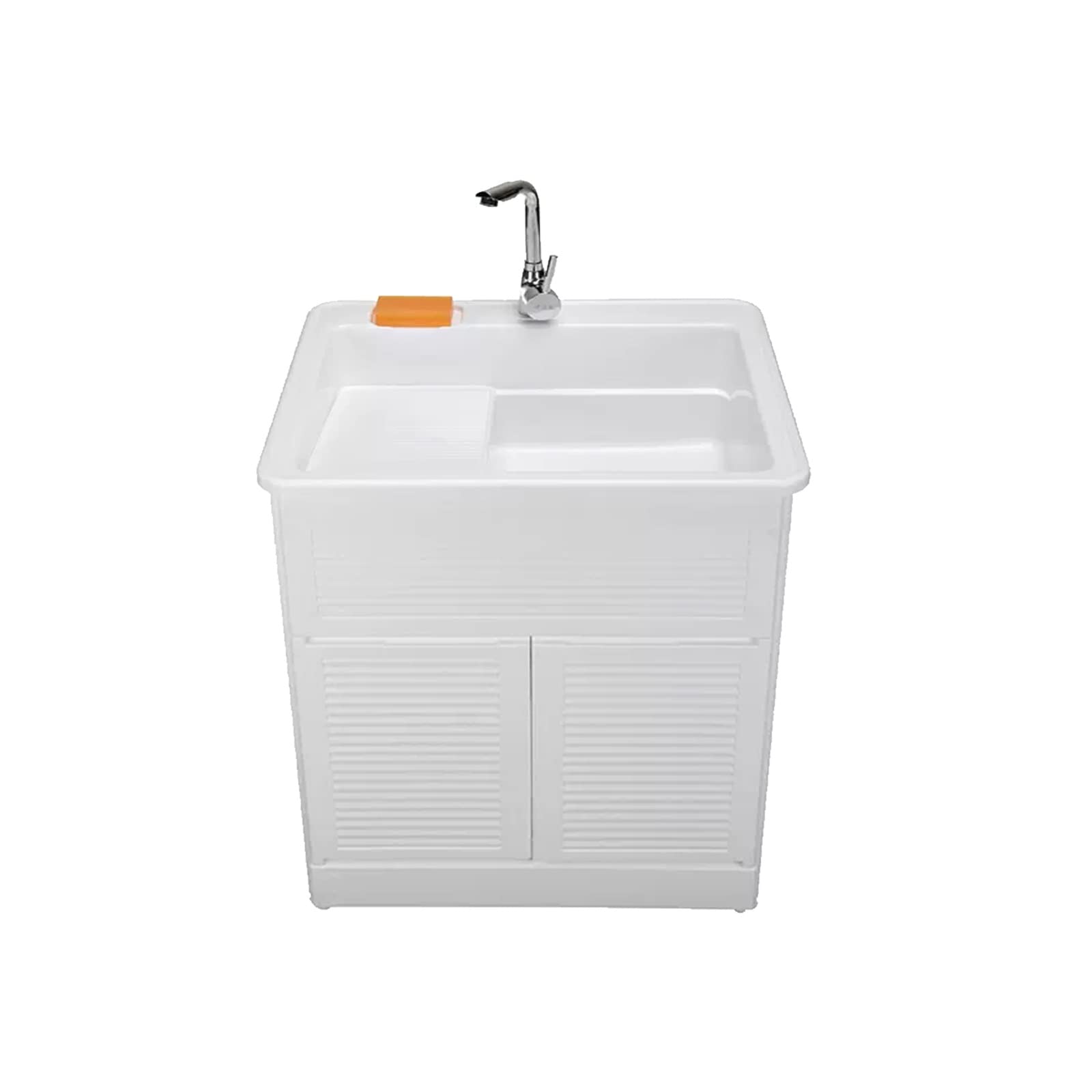 Freestanding Laundry Sink With Cabinet, Plastic Utility Sink for Laundry Room, Farmhouse Style With Faucet and Washboard for Outdoor Indoor Garage