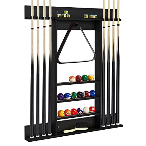 GYMAX Billard Queue Halter für 8 Queues & Billardzubehör, Wandmontierter Queueständer, Billard Queue Halterung aus Kiefernholz,...