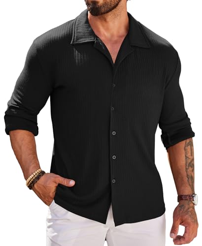 COOFANDY Men Muscle Fit Shirts Slim Fit Dress Shirts Long Sleeve Knit Shirt Casual Button Down Shirts Winter Sweater Shirt 2024 Black