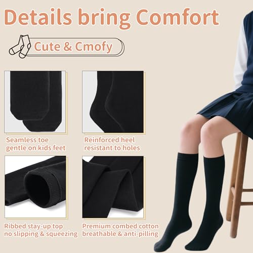 Girls Knee High Socks Solid black Long School Uniform Soft Seamless Toe Cotton Dress Socks for Girl 6-8 Years3