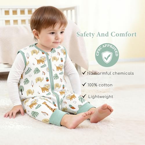 Image of Chilsuessy Toddler Sleep Sack with Feet 3-4 T, 1.0 TOG Cotton Baby Wearable Blanket with Legs, Sleep Bag Walker with 2-Way Zipper, Green & Lion