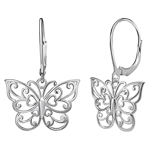 Sterling Silver Butterfly Earrings - Filigree Dainty Drop Dangle Leverback – Dangle Earing for Women - Sterling Silver Earrings for Women