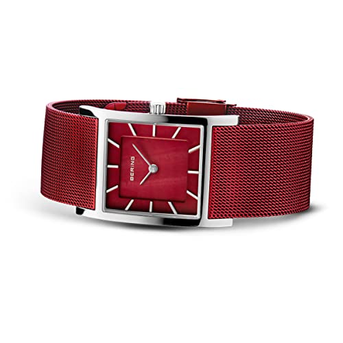 BERING Damen Quarz Uhr | Armbanduhr 26 mm silbernes Edelstahlgehäuse und rotes Zifferblatt | Milanaisearmband | Saphierglas | 5 ATM | 10426-303-S