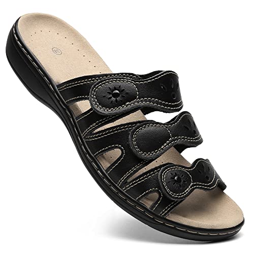 Goellen Women's Classic Leather Sandals, Casual Sandals With Arch Support Adjustable Hook And Loop Straps Slip-On Shoes Outdoor #TOP2