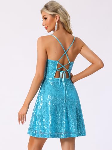 Image of Allegra K Glitter Sequin Dresses for Women's Spaghetti Strap Tie Back Backless Mini Party Dress Clubwear