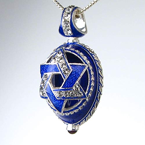 Star Of David Sterling Silver Blue Guilloché Enamel Pendant Genuine Garnet Crystals 24 Inch Chain #TOP1