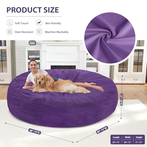 7FT Bean Bag Chair, Large Bean Bag Chairs with Memory Foam Filled, Fluffy Beanbag Sofa with Dutch Velvet Cover, Round BeanBag Chairs for Living Room, Playroom - Purple