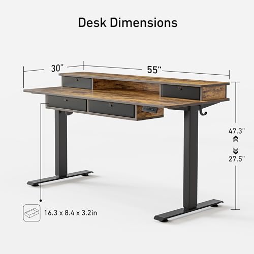 Image of FEZIBO 55'' x 30'' Electric Standing Desk with 4 Storage Drawers, Adjustable Height Computer Table with Monitor Shelf, Stand Up Desk for Study, Gaming, Workstation, Rustic Brown Top