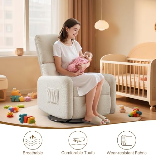 Image of Korser 360 Rocking Chair, Nursery Rocker Chair with Side Pockets, Glider Nursing Chair with Steel Structure Base, Small Chair for Small Spaces, Sherpa Swivel Accent Chairs for Living Room, Nursing