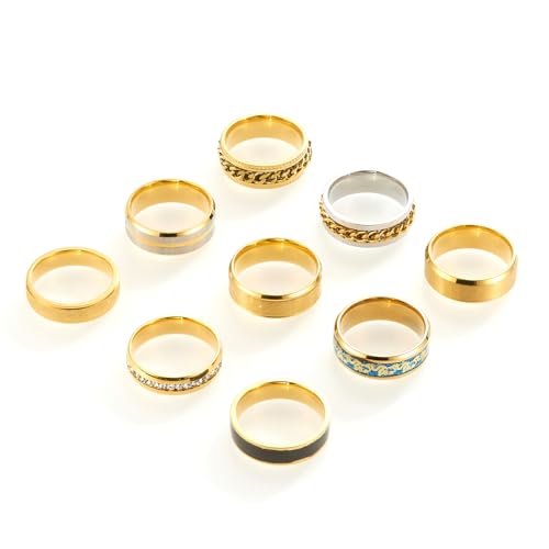 9 pieces/set men's golden/silver ring set (2 of which chain rotating rings relieve anxiety and stress) trendy and fashionable women's couple stainless steel rings