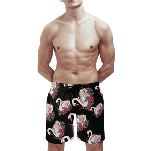 Pretty Animal Flower Swan Men's Swim Trunks Quick Dry Hawaii Board Shorts Mesh Lining Beach Swimwear with Pockets2