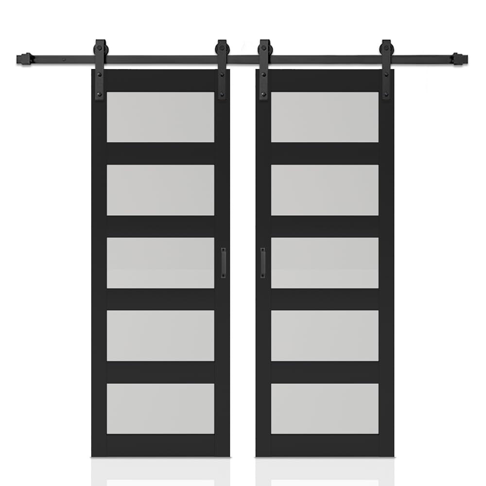 60 in. x 84 in. 5 Lite Tempered Frosted Glass Black Finished Composite Double Sliding Barn Door with Hardware Kit Handle
