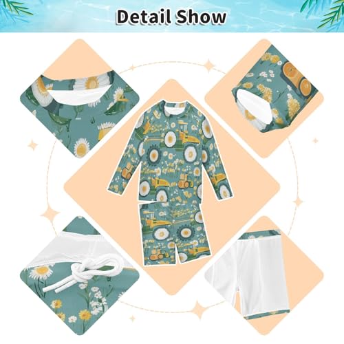 Tractor Daisy Flowers Boys Swimsuit Rash Guard Toddler Kids Long Sleeve Swim Shirt and Trunks Swimwear Set 3-10Y3