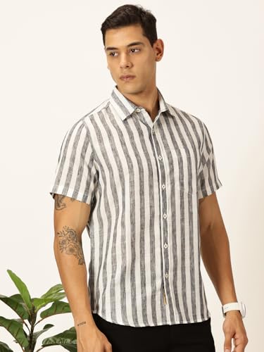 Image of Thomas Scott Men's | Stripes | Half Sleeve | Slim Fit | Linen Blend | Spread Collar | Casual Shirt