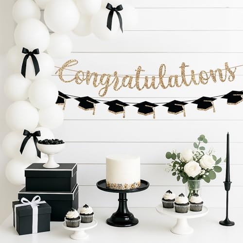 Image of Pre-Strung Congratulations Banner, Gold Glitter Grad Caps Graduation Banner