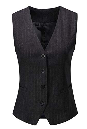 Vocni Women's Fully Lined 4 Button V-Neck Economy Dressy Suit Vest Waistcoat Grey Pinstripe US S/Asia XL