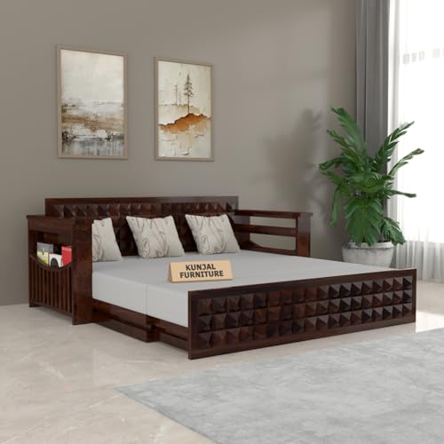 Image of Kunjal Furniture Solid Sheesham Wood Sofa Cum Bed with Storage for Living Room | Natural Finish | 3-Seater Convertible Sofa Bed | Handmade Wooden Furniture (Walnut, Diamond)