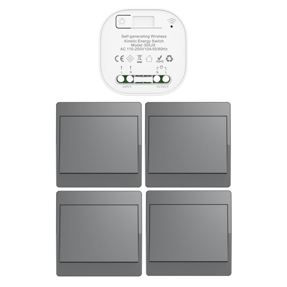 Cerhot Kit di interruttori cinetici senza fili autoalimentati grigi interruttori di luce telecomandati RF interruttore cinetico senza fili senza pile interruttori radio senza fili (Grigio 1Gang 4V1 EU
