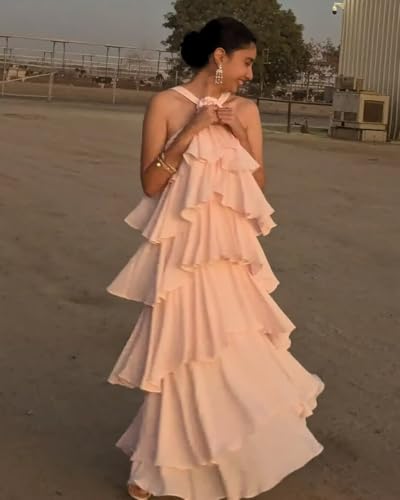 Chiffon Halter Bridesmaid Dresses for Wedding with 3D Flowers Tiered Long Formal Evening Party Dress DE5884